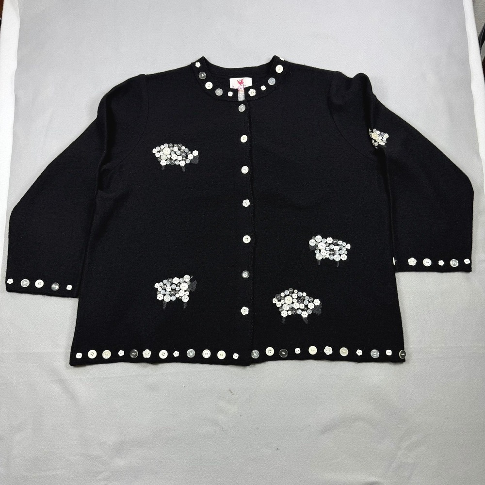 Quacker Factory Black 100% Wool Sheep Button Embellished Cardigan Sweater 2X